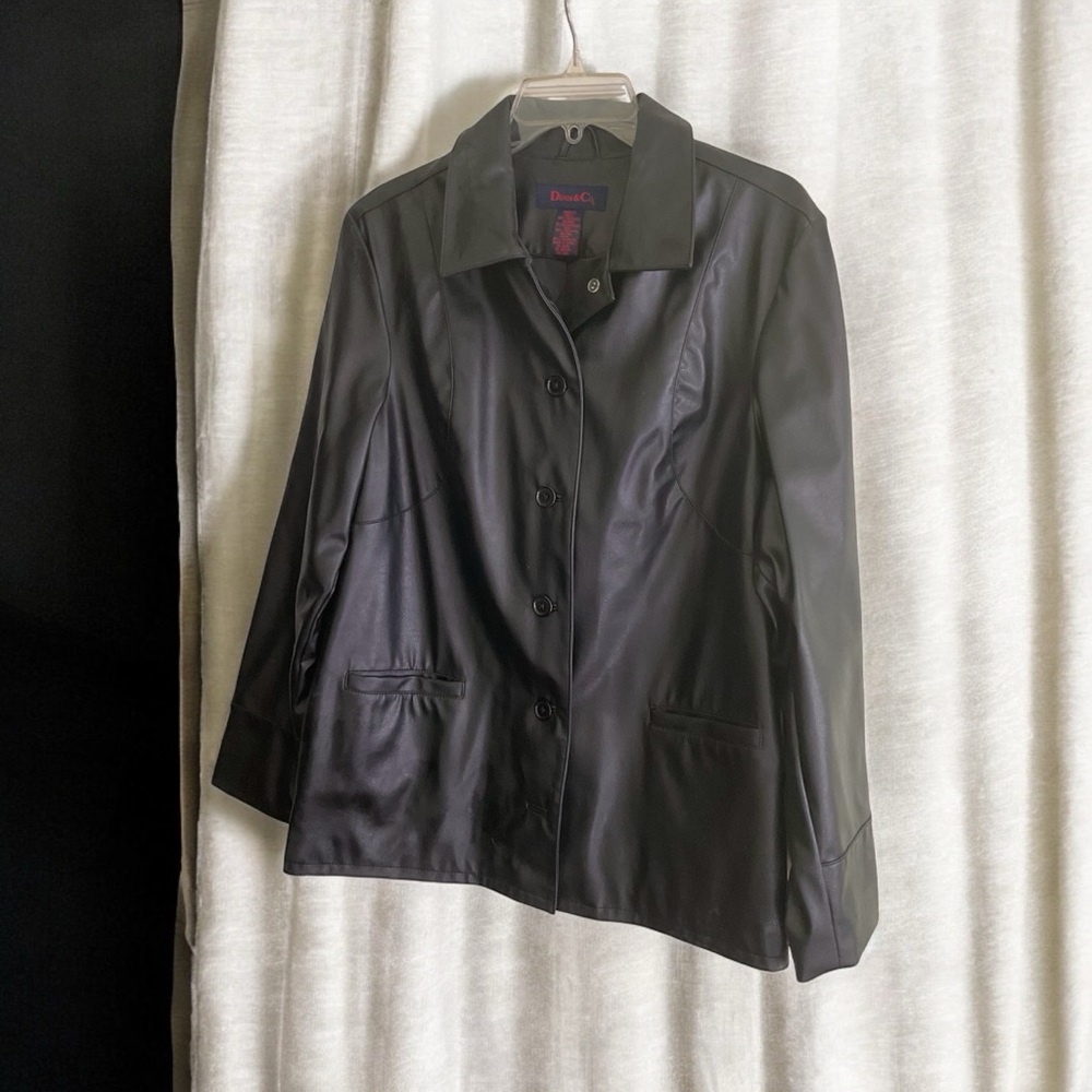 Genuine Leather Button Down Coat Black Front Pock… - image 1